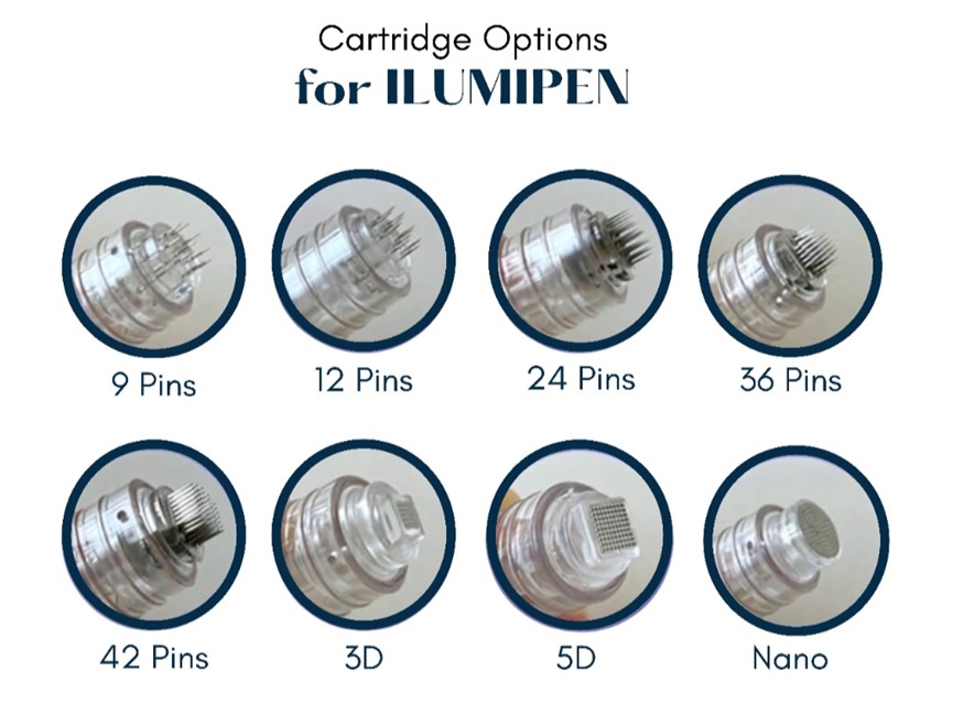 ILUMIPEN cartridge options: microneedling needle cartridges and nano-infusion microchanneling tips